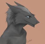  2015 akrolayn anthro blue_eyes bust_portrait cheek_tuft clothed clothing digital_media_(artwork) digital_painting_(artwork) facial_tuft fur grey_ears grey_hair grin hair male monotone_body monotone_fur orange_background portrait sergal signature simple_background smile solo teeth three-quarter_view topless tuft unavailable_at_source 