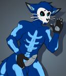  2d_(artwork) alexferdinan anthro black_body black_fur blue_body blue_eyes blue_fur fangs felid feline fur genitals grey_background grey_nipples grey_pawpads grey_penis hi_res male mammal markings mask muscular muscular_male nipples nude pawpads penis pixile_studios simple_background skeleton_(marking) skull_mask skullcat_(sar) solo super_animal_royale teeth whiskers 