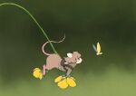  1other absurdres animal_ears backpack bag black_eyes blurry blurry_background brown_bag brown_fur brown_hair bug flower from_side furry green_background green_shirt highres hua_hua_de_meme looking_at_another mouse mouse_ears mouse_tail on_flower original profile shirt solo tail yellow_flower 