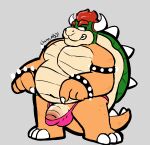  bowser charmcharmcharm clothing genitals gesture hi_res ineffective_clothing koopa male mario_bros nintendo penis pointing pointing_at_penis scalie solo thong underwear 