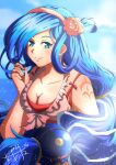  1girl akane_kazami arm_tattoo blue_eyes blue_hair breasts dana_(ys) dated flower hair_flower hair_flower_band hair_ornament highres large_breasts long_hair looking_at_viewer low_ponytail ocean portrait signature smile solo swept_bangs swimsuit tattoo ys ys_viii_lacrimosa_of_dana 