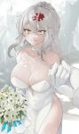  1girl 1other alisame bouquet breasts cleavage closed_mouth crying crying_with_eyes_open dress flower gloves goddess_of_victory:_nikke grey_hair hair_between_eyes hair_ornament happy_tears highres holding holding_bouquet large_breasts long_hair looking_at_viewer ponytail pov sidelocks smile standing tears wedding_dress white_dress white_flower white_gloves yellow_eyes yulha_(nikke) 