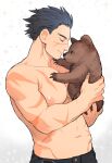  1boy animal bara bear black_hair black_pants closed_eyes closed_mouth golden_kamuy holding holding_animal large_pectorals male_focus muscular muscular_male navel nipples onnomono pants pectorals scar scar_on_arm scar_on_cheek scar_on_chest scar_on_face scar_on_mouth scar_on_nose short_hair simple_background smile sugimoto_saichi topless_male 