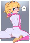  1girl ? ?? blonde_hair blue_eyes bodysuit boots border crown earrings facing_away highres jewelry kneeling looking_at_viewer looking_back mario_(series) medium_hair minicop2001 pink_bodysuit pink_footwear princess_peach racing_suit simple_background solo the_super_mario_bros._movie white_border 