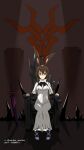  1girl absurdres amiya_(arknights) animal_ear_fluff animal_ears arknights blue_eyes brown_hair cleavage_cutout clothing_cutout dress highres infection_monitor_(arknights) looking_at_viewer markaz_maxima pixiv_id planted planted_sword rabbit_ears rabbit_girl sitting solo_focus sword throne twitter_username weapon white_dress 