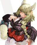  1girl animal_ear_fluff animal_ears arknights black_cape black_necktie black_sweater_vest braid cape cat_ears cat_girl cat_tail collared_shirt frilled_skirt frills green_eyes green_hair hand_on_own_chest harmonie_(arknights) harmonie_(invitation)_(arknights) highres infection_monitor_(arknights) kochiya_(gothope) layered_sleeves long_hair necktie official_alternate_costume official_alternate_hairstyle pantyhose plaid plaid_skirt pleated_skirt shirt single_braid sitting skirt smile sweater_vest tail tail_ornament tail_ring white_pantyhose white_shirt 