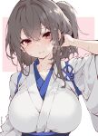  1girl breasts brown_eyes brown_hair closed_mouth collarbone hair_between_eyes highres japanese_clothes kaga_(kancolle) kantai_collection large_breasts long_hair nontraditional_miko sakakiba_misogi side_ponytail solo upper_body wide_sleeves 