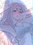  1girl alternate_hairstyle arm_up armpits blue_eyes blush collarbone full-face_blush gundam gundam_suisei_no_majo hair_down long_hair lying on_back on_bed parted_lips shadow solo suletta_mercury upper_body yuri_kyanon 