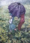  1girl absurdres aqua_skirt aqua_vest blue_hair highres juliet_sleeves karakasa_obake long_sleeves nepperoni outdoors profile puffy_sleeves rain red_eyes shirt short_hair skirt solo tatara_kogasa touhou umbrella white_shirt 