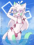  2023 anthro bikini bulge clothing exyli eyewear felid feline fur girly glasses hair hi_res long_hair male mammal matt_(exyli) micro_bikini panties_bulge partially_submerged solo swimwear tagme tail water whiskers white_body white_fur white_hair 