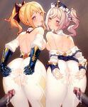  2boys 2girls anus ass back barbara_(genshin_impact) bare_shoulders blonde_hair blue_eyes blush bow breasts breasts_out brown_background censored cum cum_in_pussy dress gauntlets genshin_impact hair_bow heart heart_in_eye highres jean_(genshin_impact) large_breasts long_hair looking_at_viewer looking_back mckeee medium_breasts mosaic_censoring multiple_boys multiple_girls pantyhose penis ponytail pussy siblings sidelocks simple_background sisters spread_ass spread_pussy sweat symbol_in_eye tongue tongue_out twintails white_dress white_headwear white_sleeves 