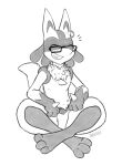 2015 alternate_species ambiguous_gender anthro biped black_and_white chest_spike chest_tuft crossed_legs digitigrade ear_piercing ear_ring eyes_closed eyewear facial_markings front_view generation_4_pokemon glasses gloves_(marking) grin hand_spike head_markings hi_res lucario malachyte markings mask_(marking) monochrome nintendo piercing pokemon pokemon_(species) ring_piercing simple_background sitting smile solo spikes spikes_(anatomy) tekki_(tekhnikos) tuft white_background 
