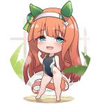  1girl animal_ears aqua_eyes bangs bare_legs bare_shoulders barefoot black_one-piece_swimsuit blurry blurry_foreground blush chibi commentary ear_covers full_body hair_ornament hairband highleg highleg_swimsuit highres horse_ears horse_girl horse_tail long_hair looking_at_viewer one-piece_swimsuit orange_hair plant silence_suzuka_(umamusume) smile solo standing swimsuit tail thighs tile_floor tiles umamusume very_long_hair warashi white_hairband window 