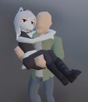  3d_(artwork) anon_(snoot_game) anthro bald blue_body boots carrying carrying_another carrying_partner carrying_position clothed clothing digital_media_(artwork) dinosaur duo fang_(gvh) featureless_face female footwear goodbye_volcano_high hair human long_hair low_poly makeup male mammal orange_eyes pterodactylus pterosaur reptile scalie silver_hair simple_background snoot_game_(fan_game) standing unknown_artist wings 