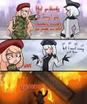  2girls absurdres aircraft airplane burning_building centurii-chan_(artist) english_text fire flame hat highres historical_event looking_at_another multiple_girls original sign world_war_ii 