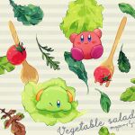  ;o arms_up artist_name blue_eyes blush blush_stickers cherry_tomato closed_mouth commentary food food_name fork grey_background kirby kirby_(series) kotori_(lycka) leaf lettuce looking_at_viewer no_humans one_eye_closed simple_background smile spinach spoon striped striped_background symbol-only_commentary tomato twitter_username 