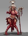  big_breasts blush blush_lines bodily_fluids bottomwear breasts clothing dark_body dark_skin drooling facial_markings female ghoul ghoul_(mge) grey_background hair head_markings hi_res holding_cane huge_breasts humanoid humanoid_pointy_ears koburatuisut loincloth markings monster_girl_(genre) monster_girl_encyclopedia open_mouth organic_high_heels pupils purple_eyes red_body saliva simple_background slit_pupils solo thick_thighs tongue tongue_out undead white_hair wide_hips 