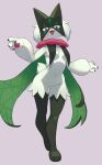  absurd_res anthro big_breasts blush breasts felid feline female fingers flowerpigeon73 fur generation_9_pokemon genitals green_body green_fur hi_res mammal meowscarada nintendo pokemon pokemon_(species) pseudo_clothing pseudo_thigh_highs pussy simple_background smile solo thick_thighs 