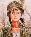  1boy 2girls absurdres brown_eyes brown_hair cat chainsaw_man collarbone combat_helmet denji_(chainsaw_man) dog_tags efairu_666 english_commentary fatigues fine_art_parody forest frown hair_ornament hairclip helmet higashiyama_kobeni highres jacket looking_at_viewer medium_hair meowy_(chainsaw_man) mole multiple_girls multiple_moles nature open_clothes open_jacket outdoors parody portrait power_(chainsaw_man) shirt single_sidelock soldier solo_focus staring straight-on the_two-thousand_yard_stare thousand_yard_stare tilted_headwear torn_clothes torn_jacket traditional_media tree upper_body watermark white_shirt wide-eyed 