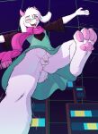 anthro anus balls blush bodily_fluids bottomless bovid caprine clothed clothing deltarune dress eyewear flaccid foreskin fur genitals girly glasses goat hi_res horn humanoid_genitalia humanoid_penis low-angle_view male mammal no_underwear one_eye_closed open_mouth open_smile paws penis punkpega ralsei scarf smile solo sweat sweatdrop undertale_(series) upskirt white_body white_fur wink 