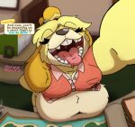  animal_crossing anthro belly buckteeth canid canine canis dangling domestic_dog english_text extreme_size_difference eyes_closed female first_person_view hi_res high-angle_view ifra imminent_vore isabelle_(animal_crossing) mammal micro mouth_shot nintendo open_mouth overweight shih_tzu size_difference teeth text tongue tongue_out toy_dog uvula 