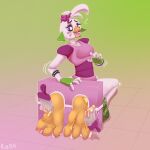  1:1 absurd_res animatronic anthro beak bound chica_(fnaf) clothed clothing eyelashes feet_tied female five_nights_at_freddy&#039;s gradient_background hi_res kneeling machine open_mouth pink_body pink_clothing purple_eyes robot rz54 scottgames signature simple_background solo tickling tickling_feet yellow_beak 