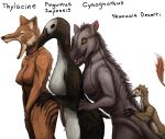  anon2000000 anthro areola avian beak bird black_body black_feathers black_nose black_stripes bottomless bottomless_anthro bottomless_female breasts butt butt_grab claws clothed clothing cynognathus dasyuromorph digital_media_(artwork) ear_tuft facial_tuft feathers female female/female fur group hand_on_butt hand_on_hip hands_covering_crotch head_tuft hi_res looking_at_viewer mammal marsupial multicolored_body multicolored_fur neck_tuft nipples nude nude_anthro open_mouth orange_body orange_fur penguin pupils raised_tail red_eyes shuvuuia side_boob side_view simple_background small_pupils smile smiling_at_viewer smirk smirking_at_viewer spikes spikes_(anatomy) standing striped_body striped_fur stripes tail teeth thylacine tuft white_body white_feathers white_fur yellow_eyes 