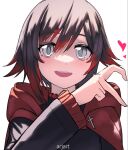  1girl ar_jart artist_name black_hair cape commentary gradient_hair grey_eyes heart heart_hands multicolored_hair open_mouth red_cape red_hair ruby_rose rwby short_hair symbol-only_commentary white_background 