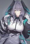  1girl apostrophe_(1oodneio) aqua_eyes arknights breasts commentary_request dress grey_background grey_hair grin head_wings highres ho&#039;olheyak_(arknights) large_breasts long_hair looking_at_viewer smile solo upper_body white_dress wings 