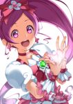  1girl absurdres bow brooch choker cure_blossom earrings hair_ornament hanasaki_tsubomi heart heart_brooch heartcatch_precure! high_ponytail highres jewelry long_hair looking_at_viewer magical_girl open_mouth pink_bow pink_choker pink_eyes pink_hair ponytail precure puffy_sleeves ribbon smile solo wide_ponytail yuuzii 