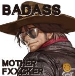  1boy black_jacket brown_hair cassidy_(overwatch) closed_mouth cowboy_hat deadlock_cassidy english_text et.m facial_hair hat jacket male_focus official_alternate_costume overwatch overwatch_1 short_hair simple_background smile solo sunglasses white_background 