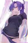  1girl black_skirt blue_archive blush bow breasts clothes_pull gym_uniform gyoku_seisyoku hair_over_shoulder halo hand_on_own_face hand_on_own_hip highres lace lace_panties long_hair mechanical_halo medium_breasts panties pants pants_pull ponytail purple_eyes purple_hair shirt skirt solo star_sticker sticker_on_face underwear yuuka_(blue_archive) yuuka_(track)_(blue_archive) 
