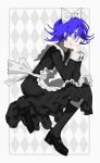  1boy alternate_costume alternate_eye_color alternate_hair_color apron black_dress black_footwear black_socks blue_eyes blue_hair bow danganronpa_(series) danganronpa_v3:_killing_harmony dress enmaided flipped_hair hair_between_eyes hair_bow hands_up highres kneehighs long_dress long_sleeves maid maid_apron ouma_kokichi socks solo white_apron white_background white_bow wuyu_ren 