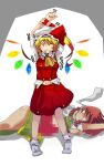  2girls arms_up ascot blonde_hair bobby_socks braid breasts closed_eyes collared_shirt dress feet_out_of_frame flandre_scarlet frilled_shirt_collar frills full_body green_dress hat hat_ribbon highres hong_meiling knockout medium_hair mob_cap multiple_girls navel no_shoes one_side_up open_mouth puffy_short_sleeves puffy_sleeves red_hair red_ribbon red_skirt red_vest ribbon ribbon-trimmed_headwear ribbon_trim shirt short_sleeves skirt small_breasts socks standing teeth touhou twin_braids vest white_headwear white_shirt white_socks yellow_ascot yet_you 