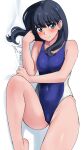  1girl barefoot bed_sheet black_hair blue_eyes blush breasts closed_mouth commentary_request competition_swimsuit covered_navel gridman_universe highres knee_up long_bangs long_hair looking_at_viewer medium_breasts official_alternate_costume one-piece_swimsuit shiny_skin smile solo ssss.gridman swimsuit takarada_rikka thighs yoo_tenchi 