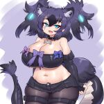  1girl animal_ears big_hair blue_eyes blush bone_necklace breasts cerberus cerberus_(kemono_friends) collar cutoffs dog_ears fang glowing glowing_hair highres huge_breasts kemono_friends kemono_friends_3 lizard_tail lowleg lowleg_shorts mo23 navel pantyhose_under_shorts scar scar_across_eye scar_on_face shorts simple_background skin_fang smile solo spiked_collar spikes strapless tail tube_top 