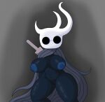  anthro big_breasts black_body breasts cloak clothing female genitals hand_behind_back hi_res horn lost_kin_(hollow_knight) nipples poraka7 pussy solo thick_thighs vessel_(species) weapon 