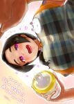  1girl :o baby_bottle black_hair bottle breasts from_below heart highres huge_breasts indoors looking_at_viewer medium_hair mole mole_under_mouth orange_shirt original plaid pov purple_eyes shirt solo yosyo 