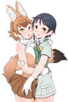  2girls animal_ears bare_shoulders black_hair blush booth_tomato bow breast_press breasts brown_hair captain_(kemono_friends) dhole_(kemono_friends) dog_ears dog_girl dog_tail extra_ears gloves highres huge_breasts kemono_friends kemono_friends_3 large_breasts looking_at_viewer multicolored_hair multiple_girls open_mouth shirt short_hair short_sleeves skirt sleeveless smile symmetrical_docking tail two-tone_hair white_hair yuri 