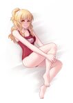  1girl absurdres ass barefoot blonde_hair breasts closed_mouth feet highres kateil_(lusan666) long_hair lusan666 orange_eyes original ponytail smile solo swimsuit toes 