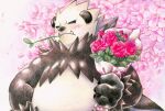  artist_name blue_eyes blush bouquet cherry_blossoms colored_pencil_(medium) fangs fullmofsuika holding holding_bouquet mouth_hold no_humans pangoro pokemon pokemon_(creature) pokemon_(game) pokemon_xy traditional_media upper_body 