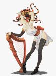  1girl ancient_greek_clothes black_thighhighs commentary english_commentary full_body gauntlets greco-roman_clothes harp highres instrument orange_pupils orange_ribbon original red_eyes ribbon snake snake_hair solo suweeka thighhighs white_background 