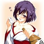  1girl 9-nine- :d asagi_nanami bare_shoulders blush border bottle breasts cleavage collarbone commentary_request cup drunk eyelashes gradient_background hair_between_eyes hakama half_updo happy highres holding holding_bottle holding_cup japanese_clothes kimono large_breasts long_sleeves looking_at_viewer medium_hair miko naruse_satsuki no_bra nose_blush off_shoulder one_eye_closed open_mouth orange_background purple_hair red_hakama sake_bottle simple_background smile solo upper_body white_border white_kimono wide_sleeves yellow_eyes 