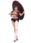  1girl absurdres bikini blue_eyes brown_hair brown_umbrella frilled_bikini frills full_body hair_ribbon half_updo highres kantai_collection long_hair mamiya_(kancolle) mismatched_bikini navel oil-paper_umbrella ojipon plaid plaid_bikini ribbon sandals side-tie_bikini_bottom simple_background solo swimsuit umbrella white_background 