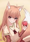  1girl absurdres ahoge animal_ears apple blush breasts brown_hair food fruit highres holding holding_food holding_fruit holo long_hair long_sleeves looking_at_viewer pouch red_eyes shirt simple_background small_breasts smile solo spice_and_wolf tail uma_(uma_mohumohu) wolf_ears wolf_girl wolf_tail 
