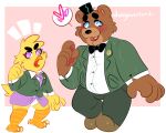  &lt;3 2016 3_toes 5_fingers accessory alternate_universe anthro artist_name avian beak bear bird black_bow_tie black_clothing black_hat black_headwear black_nose blonde_hair blue_eyes blush bottomwear bow_tie brown_bear brown_body brown_fur button_(fastener) cheek_tuft chica_(fnaf) chica_chiken chicken claws clothed clothing dongoverlord dress_shirt duo eyebrows eyelashes facial_tuft fangs feather_hair feathers feet female fingers fist five_nights_at_freddy&#039;s footwear fredbear_college freddy_(fnaf) fur galliform gallus_(genus) green_bottomwear green_clothing green_jacket green_pants green_topwear hair hat headgear headwear jacket larger_anthro larger_male male mammal muscular muscular_anthro muscular_female necktie open_clothing open_jacket open_mouth open_topwear orange_beak pants pawpads phasianid pink_background pockets pseudo_hair purple_bottomwear purple_clothing purple_eyes purple_skirt scottgames shirt shoes shorts simple_background size_difference skirt smaller_anthro smaller_female snout speech_bubble suit suit_jacket tail tail_feathers teeth thick_eyebrows toe_claws toes top_hat topwear tuft ursine white_bottomwear white_clothing white_shorts yellow_body yellow_feathers 