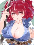  1girl breasts cleavage collarbone commentary_request covered_nipples hair_bobbles hair_ornament huge_breasts looking_at_viewer onozuka_komachi open_mouth qralto red_eyes red_hair solo touhou twitter_username two_side_up upper_body 