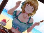  1girl beach bikini blonde_hair braid braided_ponytail breasts chopsticks closed_eyes closed_mouth cloud collarbone dutch_angle eating fire_emblem fire_emblem:_three_houses fire_emblem_heroes flower food green_bikini hair_flower hair_ornament holding holding_chopsticks holding_food hut ingrid_brandl_galatea ingrid_brandl_galatea_(summer) koro_(cookie) large_breasts long_hair ocean off-shoulder_bikini off_shoulder official_alternate_costume outdoors shaved_ice sky smile solo swimsuit table 