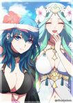  2girls bikini black_bikini blue_eyes blue_hair blue_sky breasts byleth_(female)_(fire_emblem) byleth_(female)_(summer)_(fire_emblem) byleth_(fire_emblem) cleavage closed_eyes closed_mouth cloud commentary_request dfhnokenbutu fingernails fire_emblem fire_emblem:_three_houses fire_emblem_heroes flower forehead green_hair hair_between_eyes hair_flower hair_ornament hibiscus highres large_breasts long_hair looking_at_viewer multiple_girls navel official_alternate_costume open_mouth pink_flower red_flower rhea_(fire_emblem) rhea_(summer)_(fire_emblem) sky smile swimsuit twitter_username very_long_hair white_bikini 