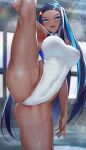  1girl bare_shoulders black_hair blue_eyes blue_hair blush breasts covered_navel dark-skinned_female dark_skin earrings eyeshadow forehead hair_bun haska_(user_gure4787) highleg highleg_swimsuit highres hoop_earrings jewelry large_breasts leg_lift long_hair looking_at_viewer makeup multicolored_hair nessa_(pokemon) one-piece_swimsuit open_mouth pokemon pokemon_(game) pokemon_swsh sidelocks single_hair_bun smile solo split standing standing_on_one_leg standing_split swimsuit thighs two-tone_hair wet white_one-piece_swimsuit 